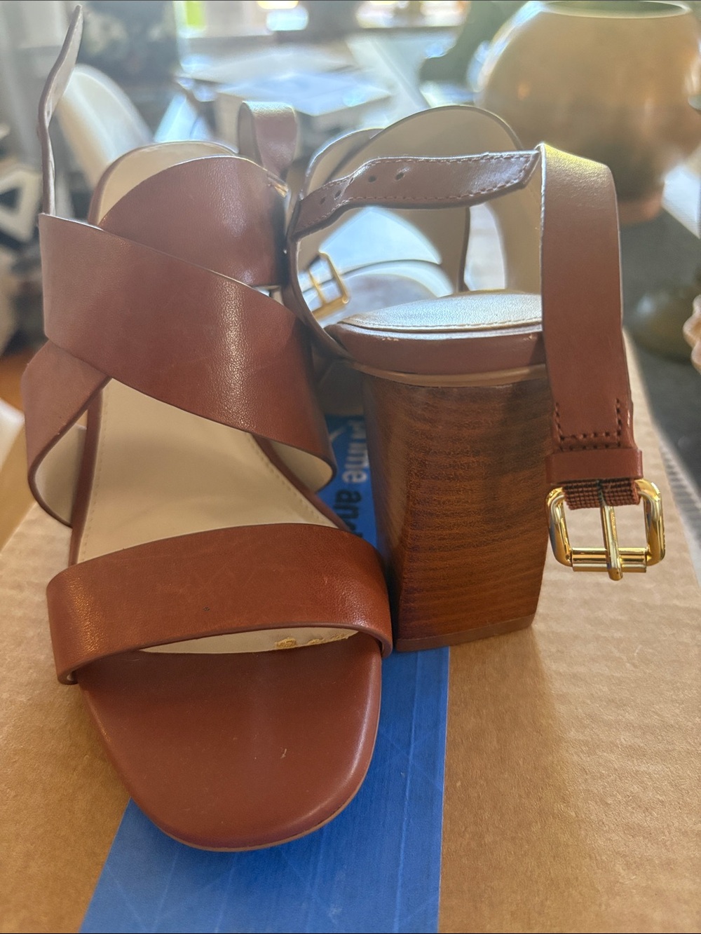 Cole Haan Brown Leather Block Heel Sandals with Gold Buckle